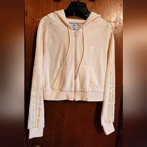 NEW - adidas Cropped Cotton-blend Velour Hoodie - Off-white - women's small